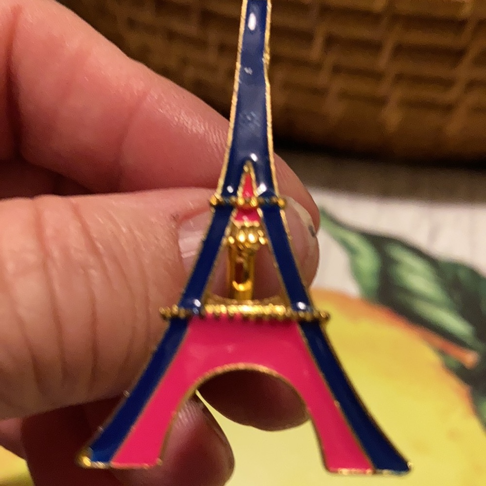 Gold tone adjustable ring with blue and pink enamel Eiffel Tower ring - Picture 4 of 4